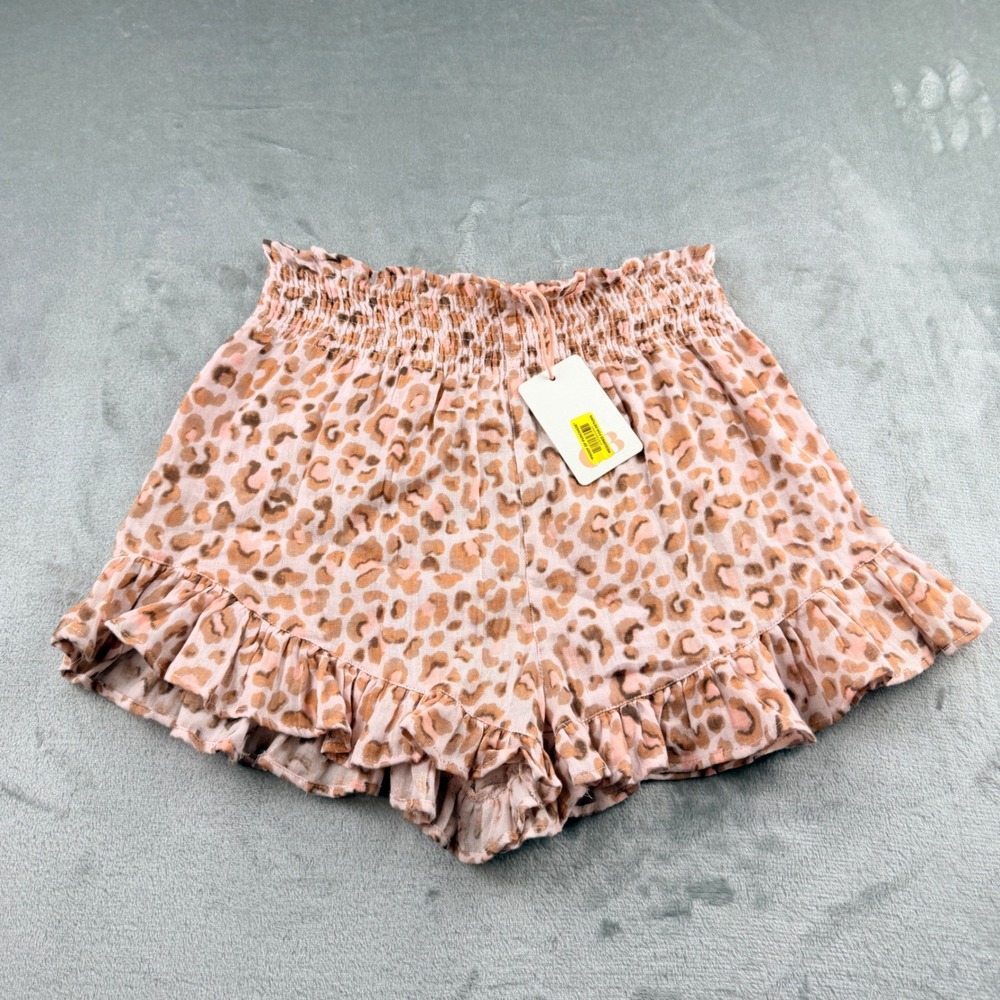 GB Women's Medium Leopard Print Smocked Waist Ruffle Hem Shorts Pink Tan Cotton